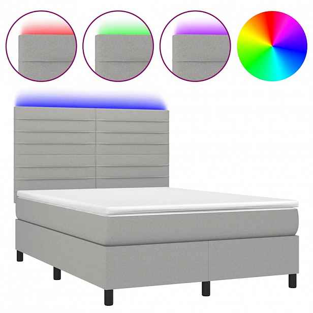 vidaXL Box spring postel s matrací a LED světle šedá 140x200 cm textil