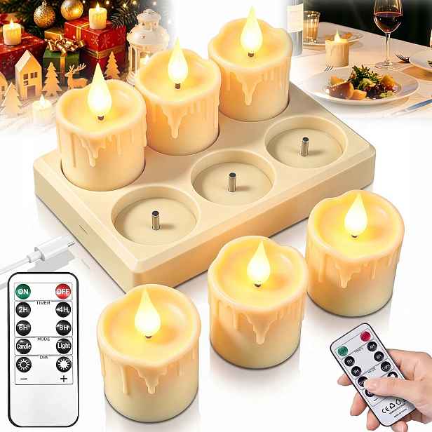 6 X Přírodní Voskové Led Svíčky Na Baterie S Dálkovým Ovládáním, 2 Režimy Osvětlení