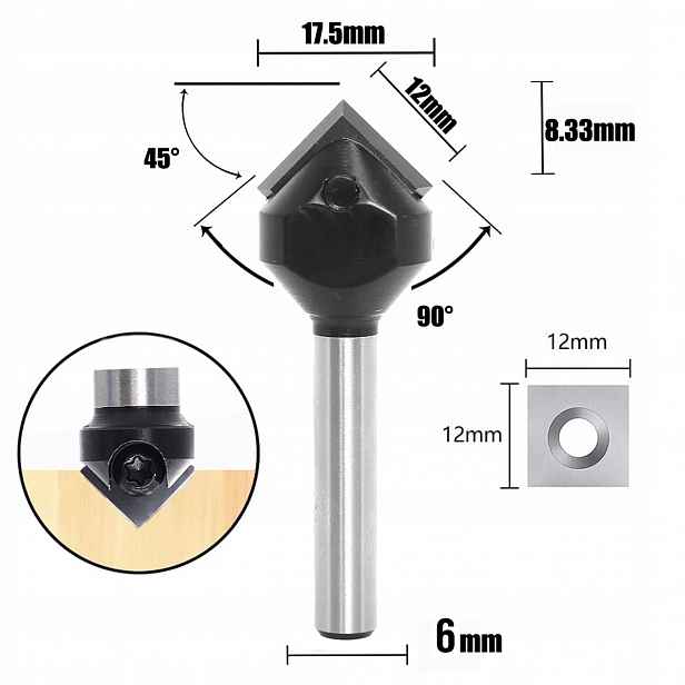 Fréza typu V stopka 6 mm fi 17,5 x 8,33 90° s vyměnitelnou deskou