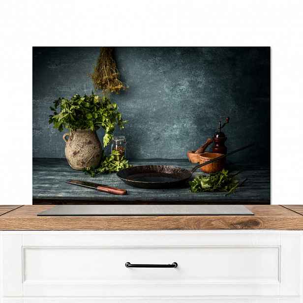 MuchoWow KUCHYŇSKÁ ZÁSTĚNA Bylinky - Koření - Pánev - Nůž - Šedý - Rustikální 80x55 cm