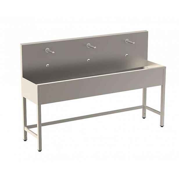 Sanela - Celoopláštěný stojící mycí žlab 1900 mm, 3 senzorové baterie s termostatem, síťové napájení, antivandal, nerez SLUN 51ET