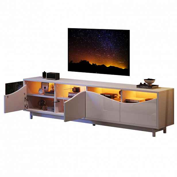 Redom TV stolek 175/38/51 cm s LED osvětlením, bezúchytkovým otevíráním a úložným prostorem, Bílá