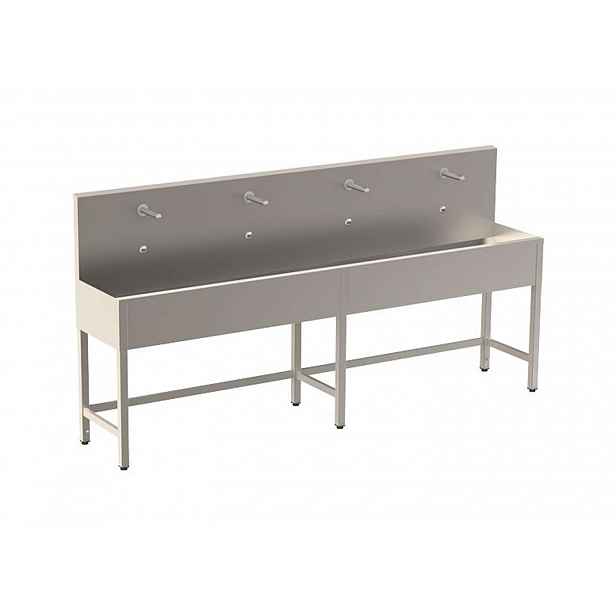 Sanela - Celoopláštěný stojící mycí žlab 2500 mm, 4 senzorové baterie s termostatem, síťové napájení, antivandal, nerez SLUN 52ET