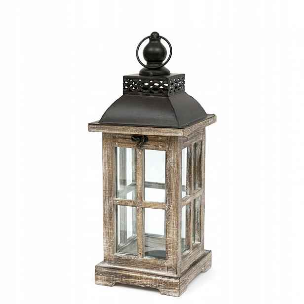 Lampion Hnědý Dřevěný Kovový 45 cm S Držákem Retro Zestárlý 40 50