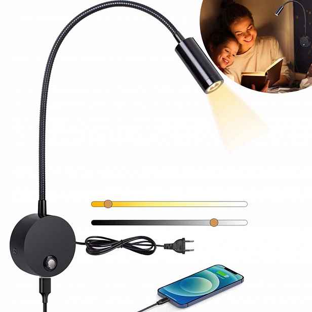 Led Nástěnné Svítidlo Lampička Na Čtení S Přepínačem Černá Flexibilní Gooseneck 360°