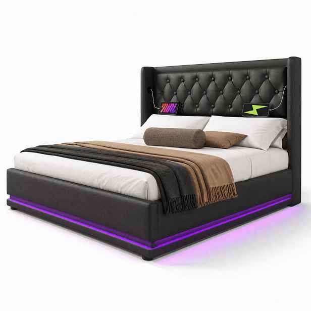 STILVORA ČALOUNĚNÁ POSTEL 160/200 cm černá s úložným prostorem, LED, USB, Type-C