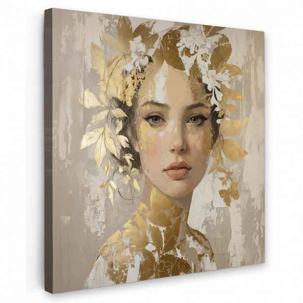 MuchoWow OBRAZ NA PLÁTNĚ Tvář - Žena - Listy - Zlato 50x50 cm