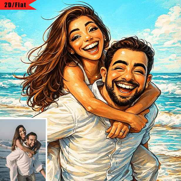TEMU 2D Plochý, 1 ks Personalizovaná Fotografie do Karikatury - Vlastní Portrét Páru z Fotografie, Romantický Dárek na Svatební/Valentýnský Den,