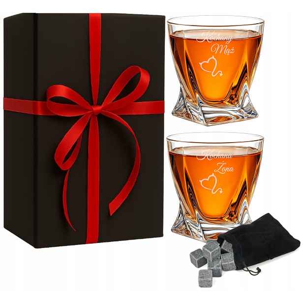2 Sklenice Křišťál Whisky s kostkami Gravírování Dárek Výročí Svatba Narozeniny