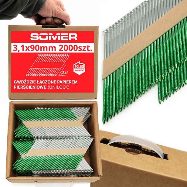 Hřebíky 3,1x90 mm 2000 ks Unilock spojované papírem pod úhlem 34 stupňů