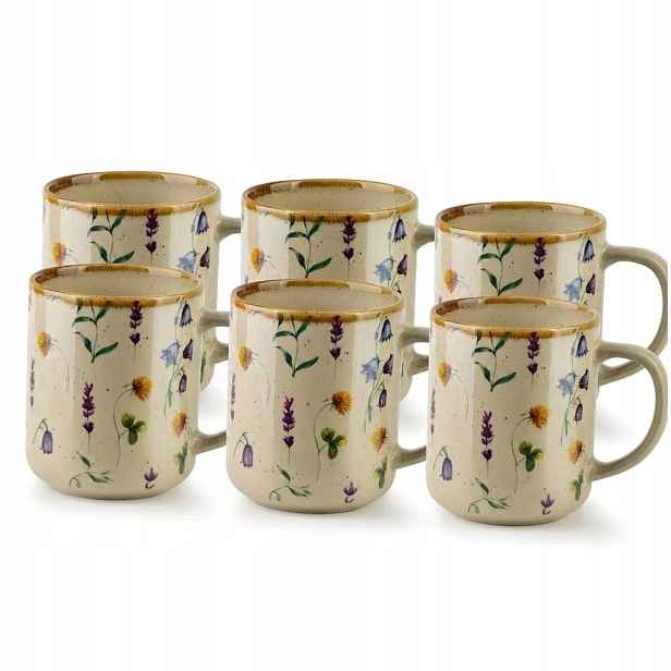 Šálky na čaj s květinami 400 ml Sada 6 kusů porcelánové, levandulové