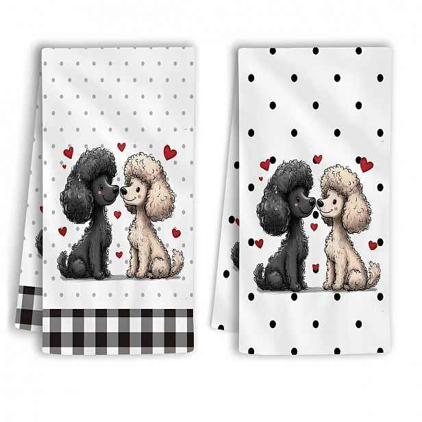 TEMU 2 ks Dokriy Kuchyňské utěrky s pudlů na Valentýna - Roztomilý pár pudlů se srdíčky, savé polyesterové utěrky (8x12 & 16x24 palců) pro svatby,