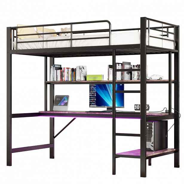 STILVORA HOCHBETT 90/200 cm in Schwarz mit Regal, Schreibtisch, LED, USB und Steckdose Metall modern