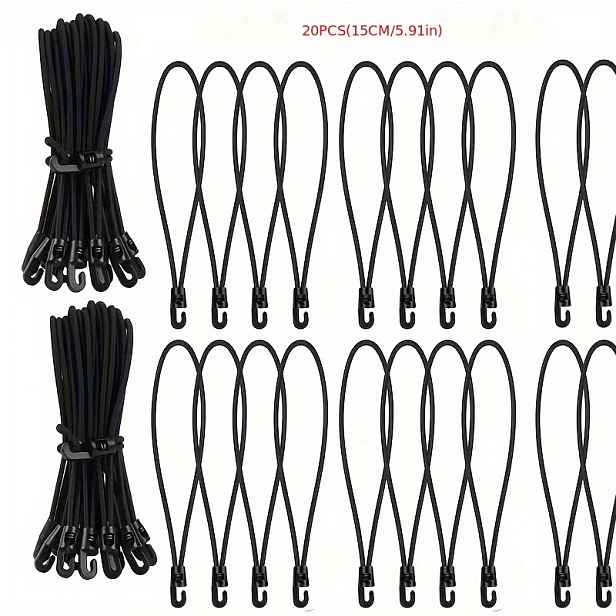 TEMU 20 ks Zesílené elastické lanové háky - Elastické latexové plastové kempingové lana, různé délky (15 cm) pro stany, plachty, nákladní automobily,