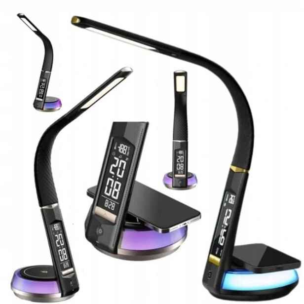Led Stolní Lampa Rgb Indukční Nabíječka Displej Hodiny Data Černá