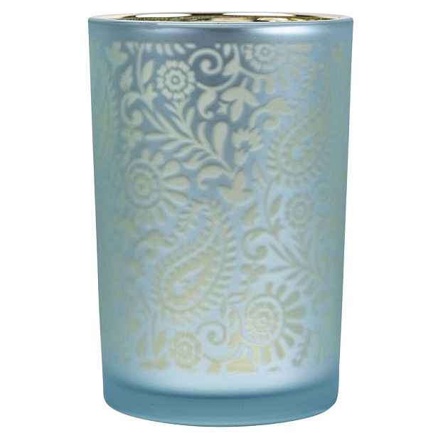 Modro stříbrný skleněný svícen s ornamenty Paisley vel.L - Ø12*18cm Mars & More