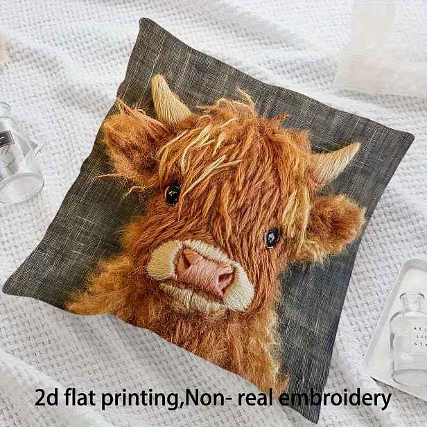 TEMU 1ks Roztomilý povlak na polštář s 2D potiskem Highland Cow - Měkký , se zipem, pratelný v pračce - Roztomilý béžový krávy, vhodný pro dekoraci