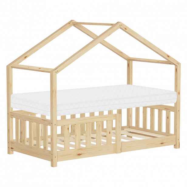 ML-DESIGN DĚTSKÁ POSTEL ve tvaru domečku s matrací 70x140 cm, přírodní, z borového dřeva, s ochrannou zábranou proti vypadnutí