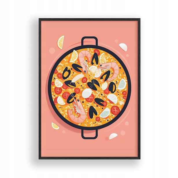 Obraz Paella Ovoce Moře Plakát Rámeček Dřevěný Černý 30x42 cm