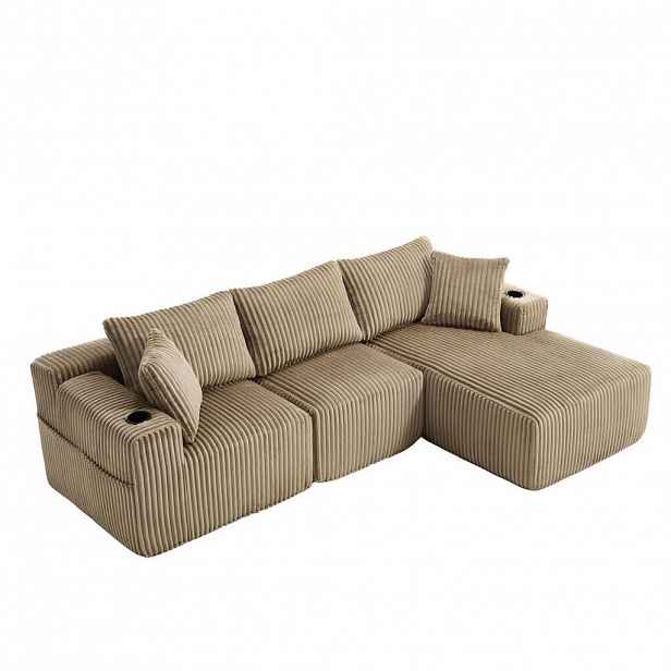 Redom MODULÁRNÍ pohovka 257/90-160/62 cm z manšestru s lenoškou, 5 polštáři, bočními kapsami a držáky nápojů, Khaki