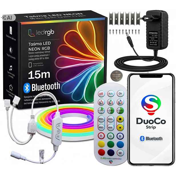 Set Led Pásek Neon 15M (1x15m) Rgb Apka Dálkový Ovladač Rádiový 2.4 Napájecí Zdroj IP67