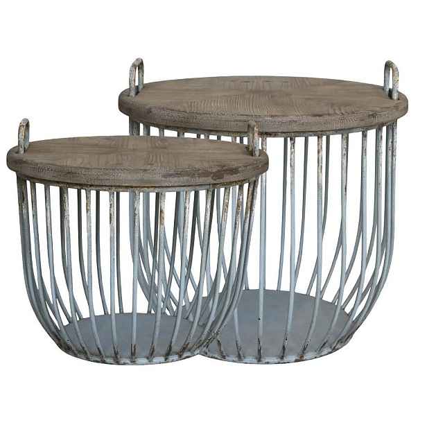 2ks zelený antik kovový coffee stolek s dřevěnou deskou Charlotte - Ø 57*48 cm Chic Antique