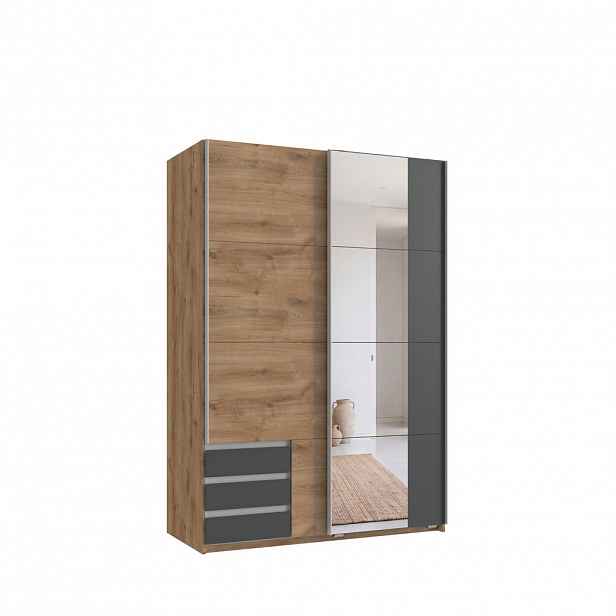 luma-home SKŘÍŇ S VZDUŠNÝMI DVEŘMI, 2dveřová, 135 × 65 × 198 cm (Š×H×V), dub, grafitové zásuvky a zrcadlo / 22678
