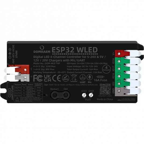 WiFi ovladač Wled Rgbic ESP32 WS281x Mqtt 4CH 3200 Led 5-24V 16A mikrofon