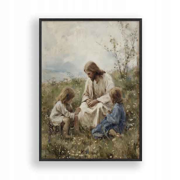 Obraz Ježíš s dětmi Plakát Rámeček Dřevěný Černý 30x42 cm