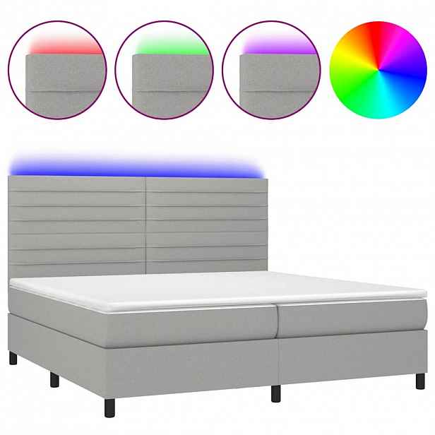 vidaXL Box spring postel s matrací a LED světle šedá 200x200 cm textil