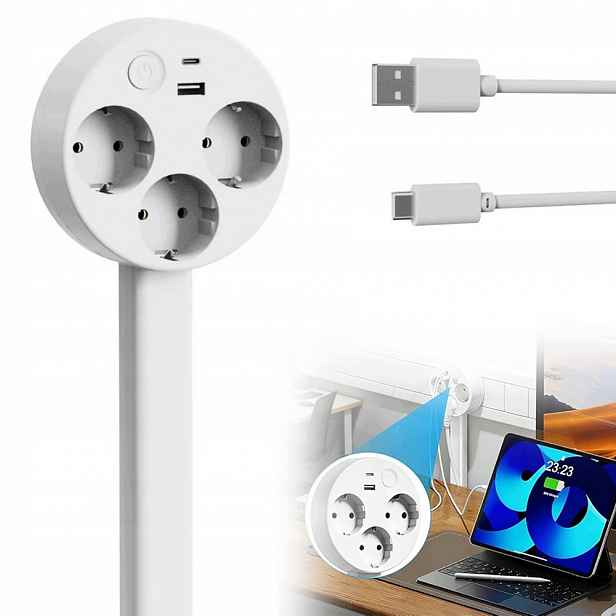 Rozdělovač zásuvek Zásuvka Rozdvojka Otočná o 180° Slim Plochá 3 Zásuvky