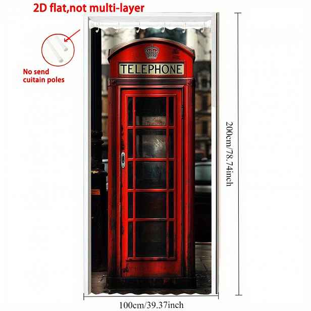 TEMU Londýnská telefonní - Závěs na dveře, Britská telefonní , Okenní panel s britským do obývacího pokoje, Snadné zavěšení pomocí háčků, Pratelná