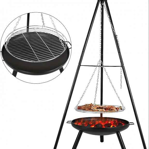 TEMU Otočný gril s ohniskovou mísou, grilovací stativ pro ohniskovou s grilovací mřížkou (52 cm), výškově nastavitelný řetěz (200 cm) a stativ (V:152