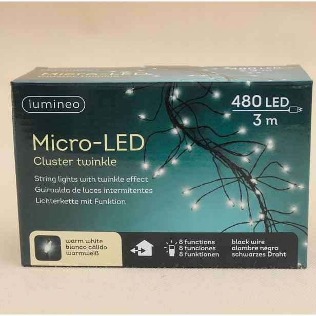 Lampičky černý drát řetěz barva velmi teplá 480 Led 3 metry