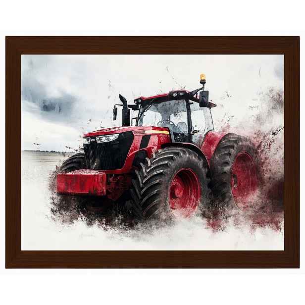 Plakát Rámeček Dřevo Červený Traktor Farma Pole Zemědělský Traktor 80x60