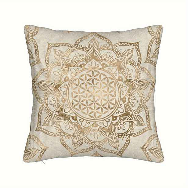 TEMU 2D plochý - Oboustranný 1ks 2D reverzibilní povlak na dekorativní polštář s květem života a lotosem, vintage mandala , bohémský styl, lze prát v