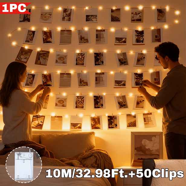 TEMU 1 ks, Majisu Photo Clip Fairy String Lights, 100/50/20 LED /25/10 klipy, teplá bílá, sada s na baterie, pro karty, ložnici, fotostěnu,