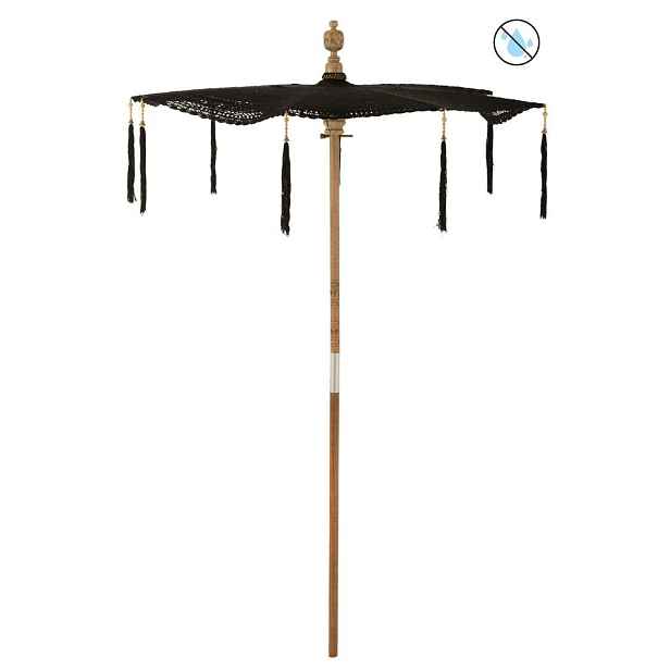 Černý boho slunečník s dřevěnou tyčí a střapci Lorie Wood - ∅ 140*250 cm J-Line by Jolipa