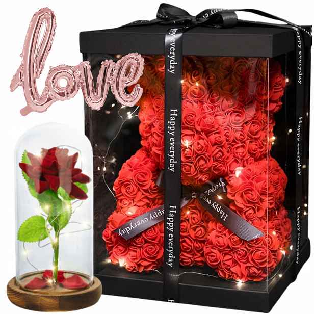 Medvídek z růží Červený Krabička Led Set Na Valentýna stabilizovaná růže ve skle