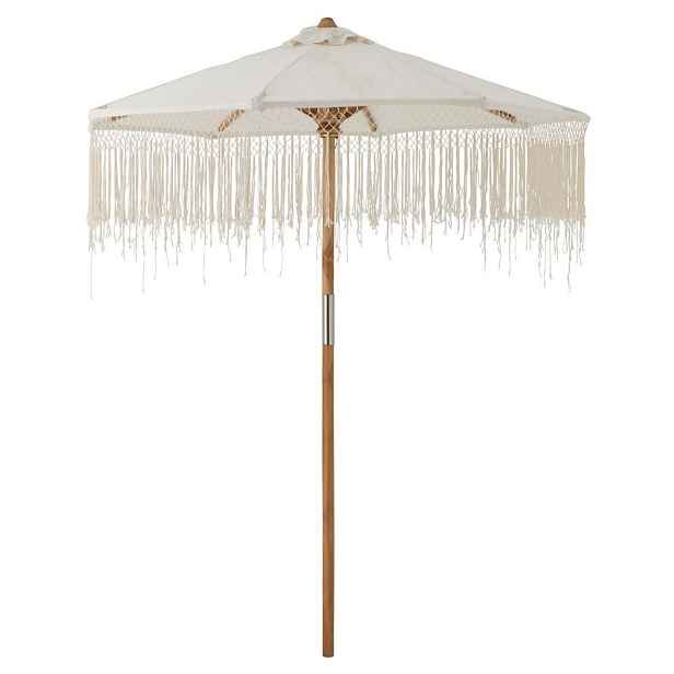 Bílý slunečník s dřevěnou tyčí a třásněmi Macrame - ∅ 200 * 250 cm J-Line by Jolipa