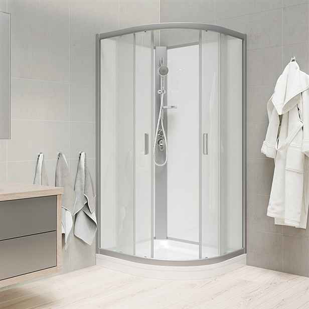 Mereo Kompletní sprchový box; čtvrtkruh 90 x 90 cm; satin rám; hrubé sklo; litá vanička