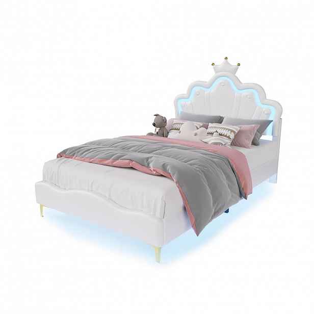 EuroLiving ČALOUNĚNÁ postel 140x190 cm s LED osvětlením, korunou a PU potahem, bílá