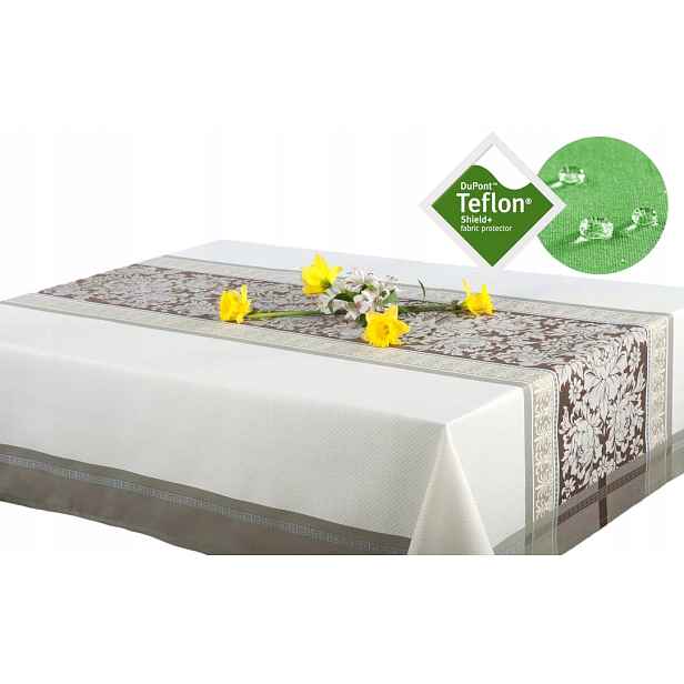 Skvrnitý teflonový ubrus 140x300, elegantní, krémově hnědý, s elegantním vzorem