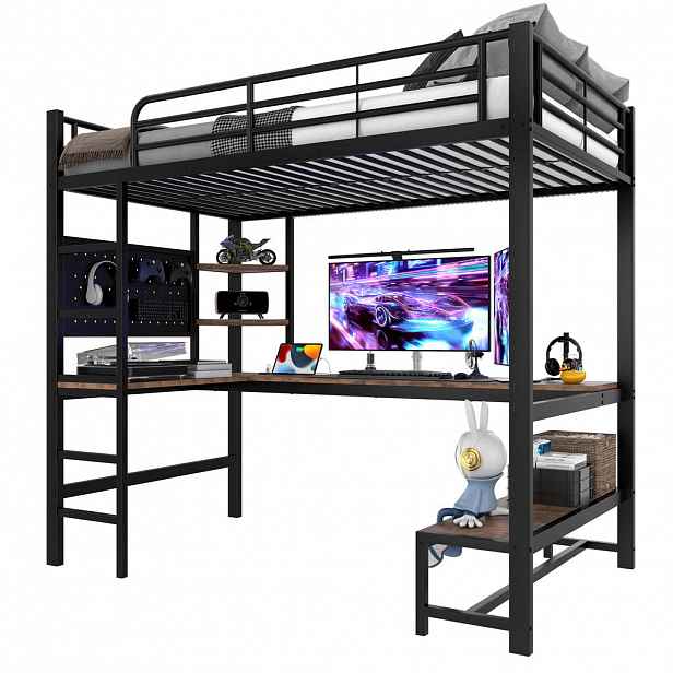 STILVORA HOCHBETT 90/200 cm in Schwarz mit Schreibtisch, Regal, LED und USB/Type-C