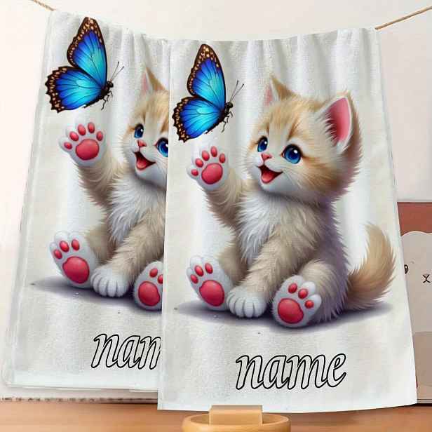 TEMU 1 ks, Vlastní jméno, Kreslený kočičí , Kreslený anime ručník, Pruhovaný design, Ručník do koupelny, Rychleschnoucí absorpční ručník, Ručník v