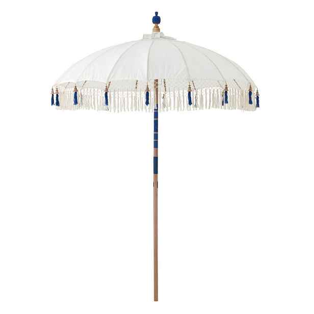 Béžový slunečník s dřevěnou tyčí a třásněmi Flavie Blue - ∅ 180*260 cm J-Line by Jolipa