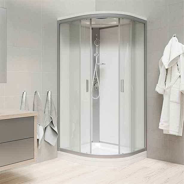 Mereo Kompletní sprchový box se stříškou; čtvrtkruh 90 x 90 cm; satin rám; hrubé sklo; litá vanička; stříška