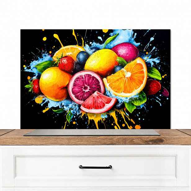 MuchoWow KUCHYŇSKÁ ZÁSTĚNA Ovoce - graffiti - barevné - pomeranč - jahoda - abstraktní 80x55 cm