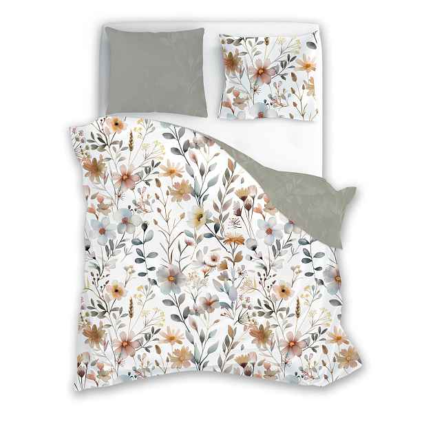 Povlečení 100% Bavlna 160X200 Natural Boho Bílá Šedá Květy Květiny