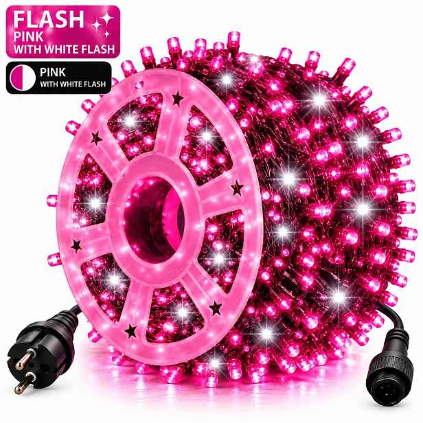 Vánoční Osvětlení Na Stromeček 1000 Led 80 M Růžové Bílý Flash Na Cívce IP44